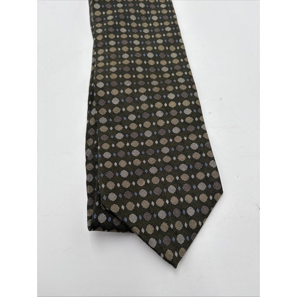 Milano Uomo 100% Imported Silk Tie Made In USA Green W/Brown Dots Classic Length - Picture 2 of 8